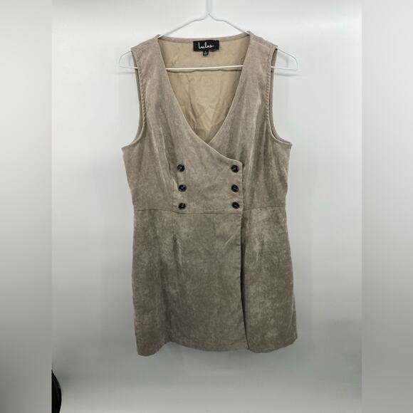 Lulus Benton Light Grey Corduroy Button-Up Sleeveless Mini Dress Deep V Sz Large - Picture 5 of 12